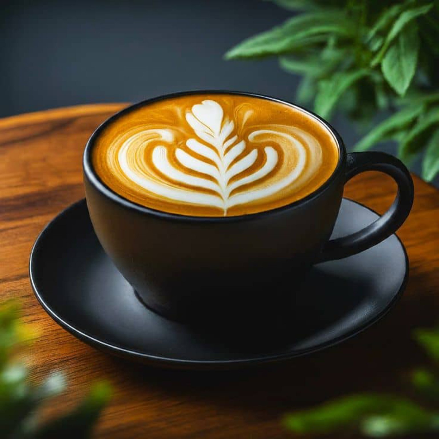 Latte with leaf art in a black cup